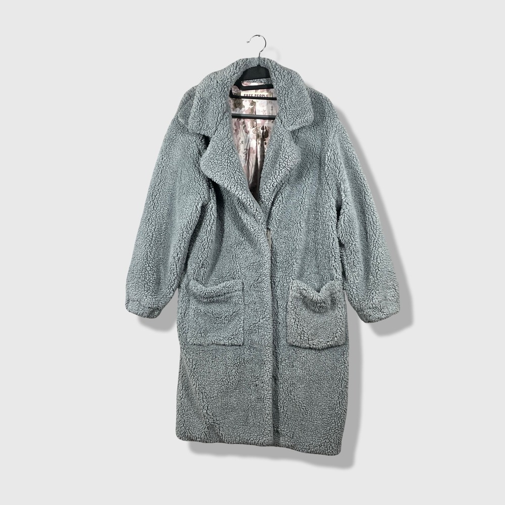 Free People Teddy Coat Women XS Blue Sherpa Faux Fur Oversized Boho Cozy